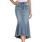 Allegra K Women's Washed Fishtail Denim Skirt High Waist Raw Hem Fashion Casual Midi Jean Skirts with Pockets