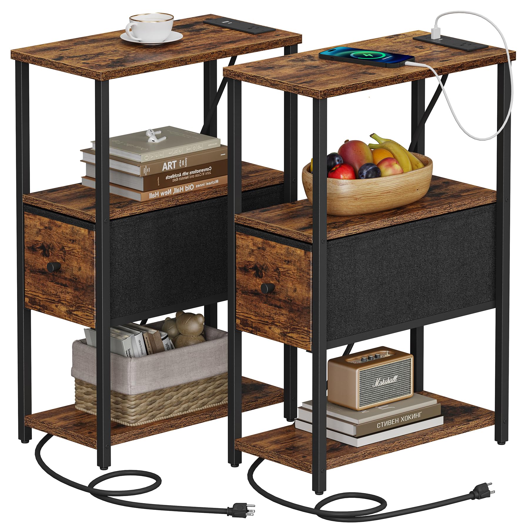 Photo 1 of TUTOTAK Set of 2 Small Narrow End Table with Charging Station, Side Table with Outlets, Nightstand with Cloth Drawer, Couch Table, for Living Room, Bedroom, Bedside, Brown TB01BB058