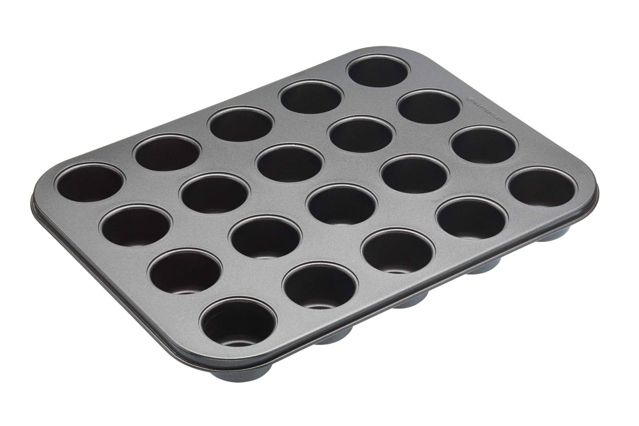 MasterClass 20 Hole Mini Muffin Tin with Loose Bases and PFOA Non Stick in Gift Box, Robust 1 mm Carbon Steel, 35 x 27 cm, Grey
