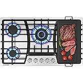 KOXKING 36 Inch Gas Cooktop with Griddle, Gas Stove Top with 5, Reversible Cast Iron Grill/Griddle, NG/LPG Convertible, with Thermocouple Protection, Stainless Steel