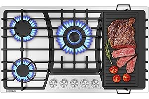 KOXKING 36 Inch Gas Cooktop with Griddle, Gas Stove Top with 5, Reversible Cast Iron Grill/Griddle, NG/LPG Convertible, with Thermocouple Protection, Stainless Steel