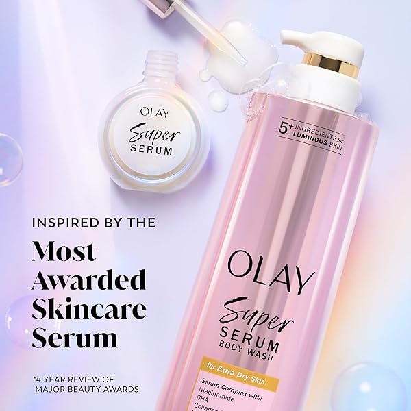 OLAY SUPER SERUM BODY WASH FOR EXTRA DRY SKIN, 24HR LONG LASTING HYDRATION, 5+ INGREDIENT COMPLEX FOR BRIGHT EVEN FIRM LUMINOUS SKIN, WITH VITAMIN E, AND SHEA BUTTER 18.5 FL OZ
