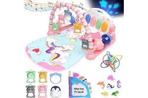 ESOLOM Baby Play Mat, Tummy Time Activity Mat Toys, Lovely Piano Baby Play Gym with 7 Infant Sensory Baby Toys, Baby Floor Play Mat for Newborn Baby 0-6-12 Months Girls(Unicorn)