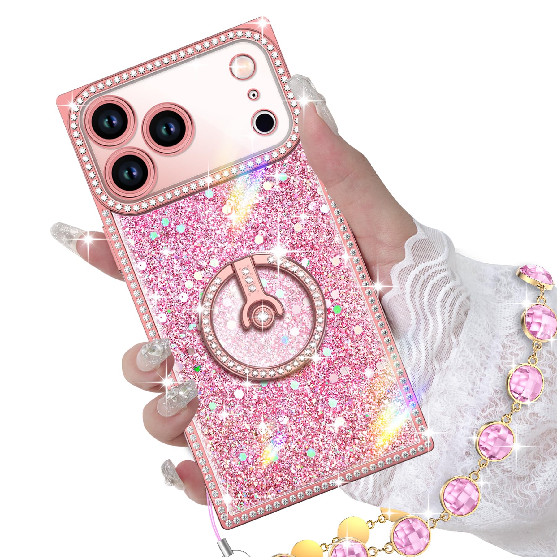 Miss Arts for iPhone 17 Pro Max Case with Ring Stand, Glitter Sparkle Phone Case for Women Girls, Rhinestone Luxury Protective Cover for iPhone 17 Pro Max 6.9", Pink