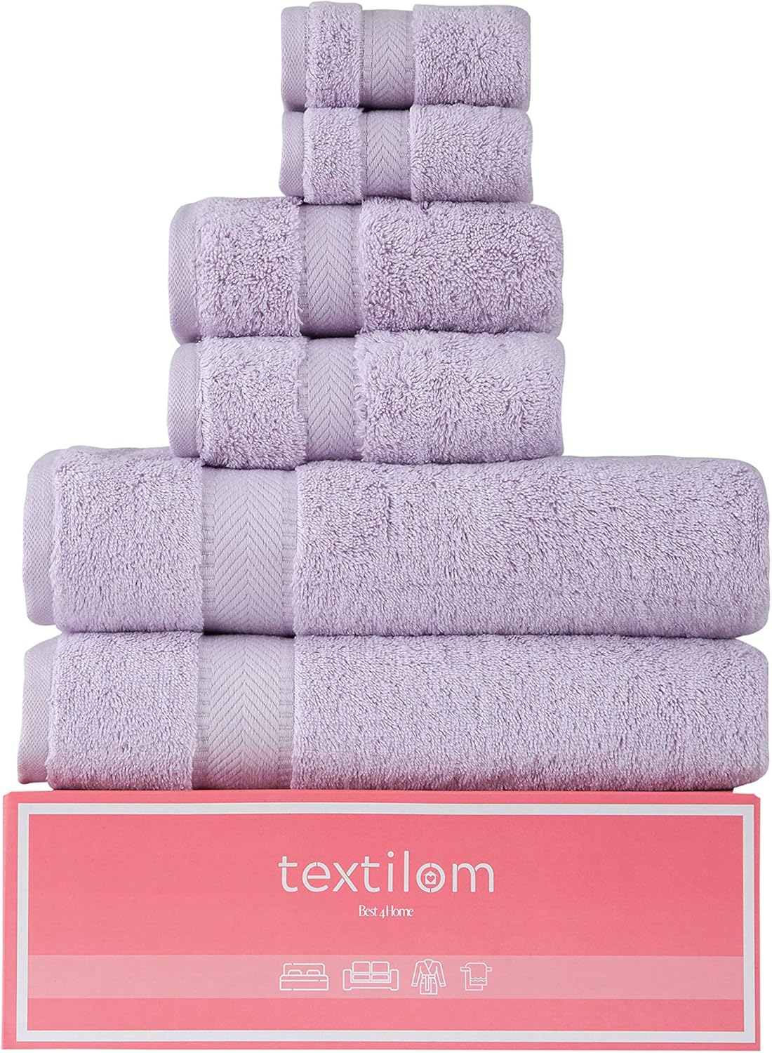 Textilom 100% Turkish Genuine Cotton 6 Piece Towel Set, Super Soft & Highly Absorbent & Quick Dry ( 2 Bath Towels, 2 Hand Towels, 2 Washcloths )- Lilac: Kitchen & Dining