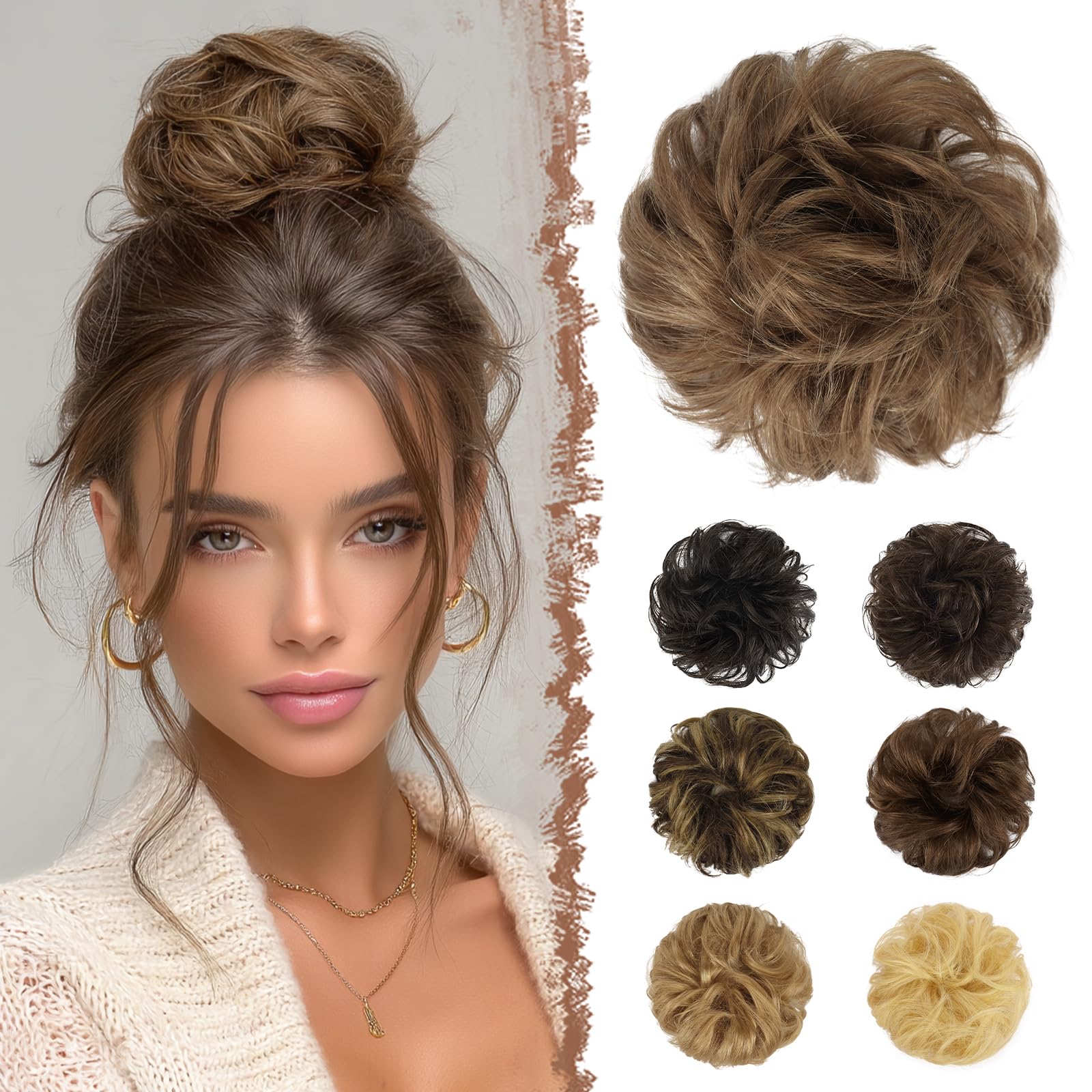 FESHFEN Human Hair Messy Buns, 100% Human Hair Bun Hair Pieces Real Human Hair Extension Wavy Hair Scrunchies Tousled Updo Hairpieces for Women Girls, Ash Brown โ image 1