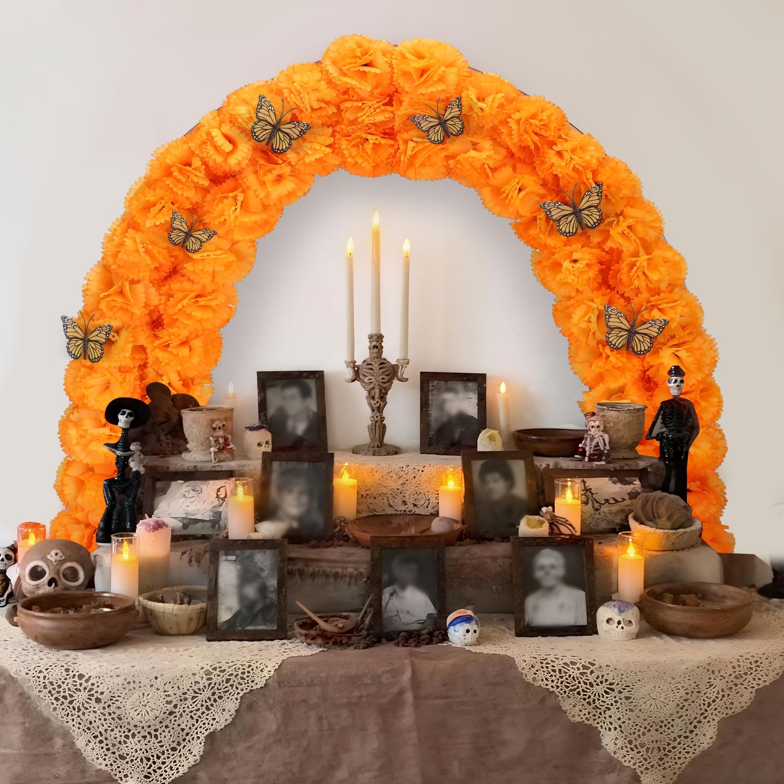 Photo 1 of Leinuosen Dia De Los Muertos Altar Decorations 16 x 24'' Wooden Day of The Dead Altar Supplies with Marigold Flowers 24 DIY Butterflies Ofrenda Decorations for Dia De Los Muertos Decor Diwali Party