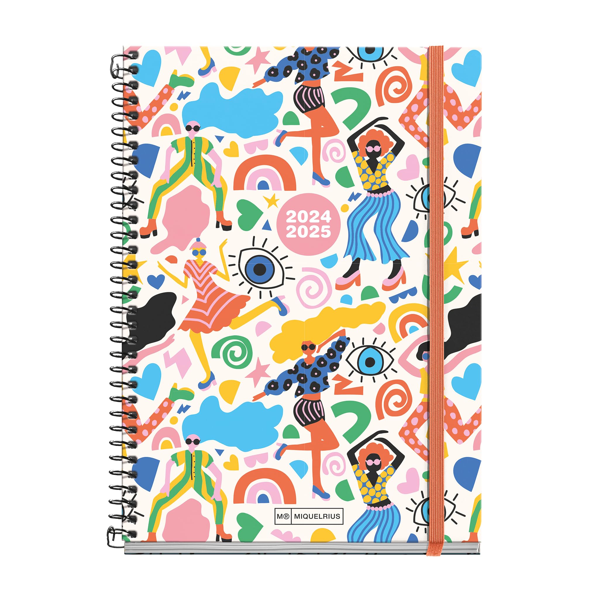 Miquelrius - School Diary 2024-2025, September 2024 to June 2025, Size 154 x 215 mm, Week View, Lined Cardboard Cover, Black Metallic Spiral Binding, Spanish and English, Party