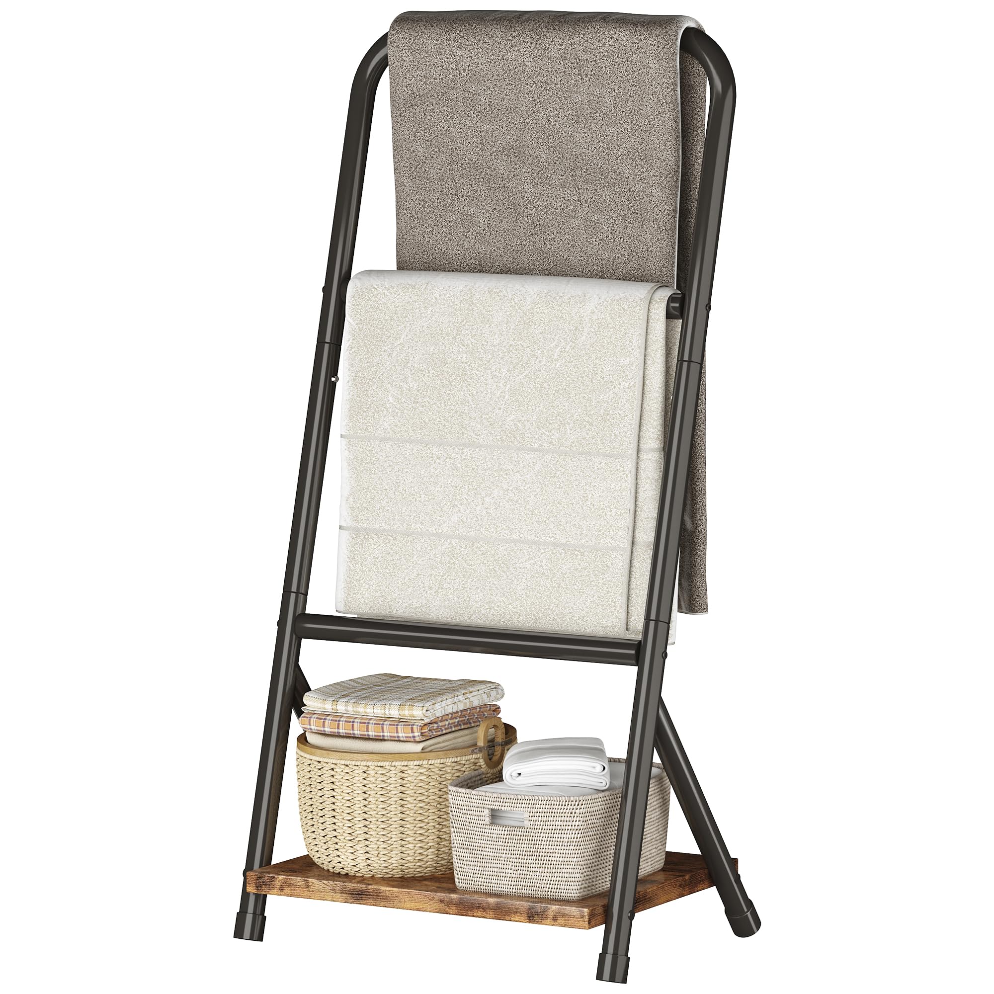 Photo 1 of 3 Tier Blanket Rack, FreeStanding Towel Rack, Blanket Ladder Holder for Bathroom, Towel Drying and Display Rack with Shelf, Rustic Black and Brown