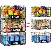 JKsmart 3 Pack Stackable Wire Baskets with NamePlates for Pantry Organizers and Storage, XL Fruit and Vegetable Basket, Metal Storage Bins for Snack Can Fruit Veggies, XL