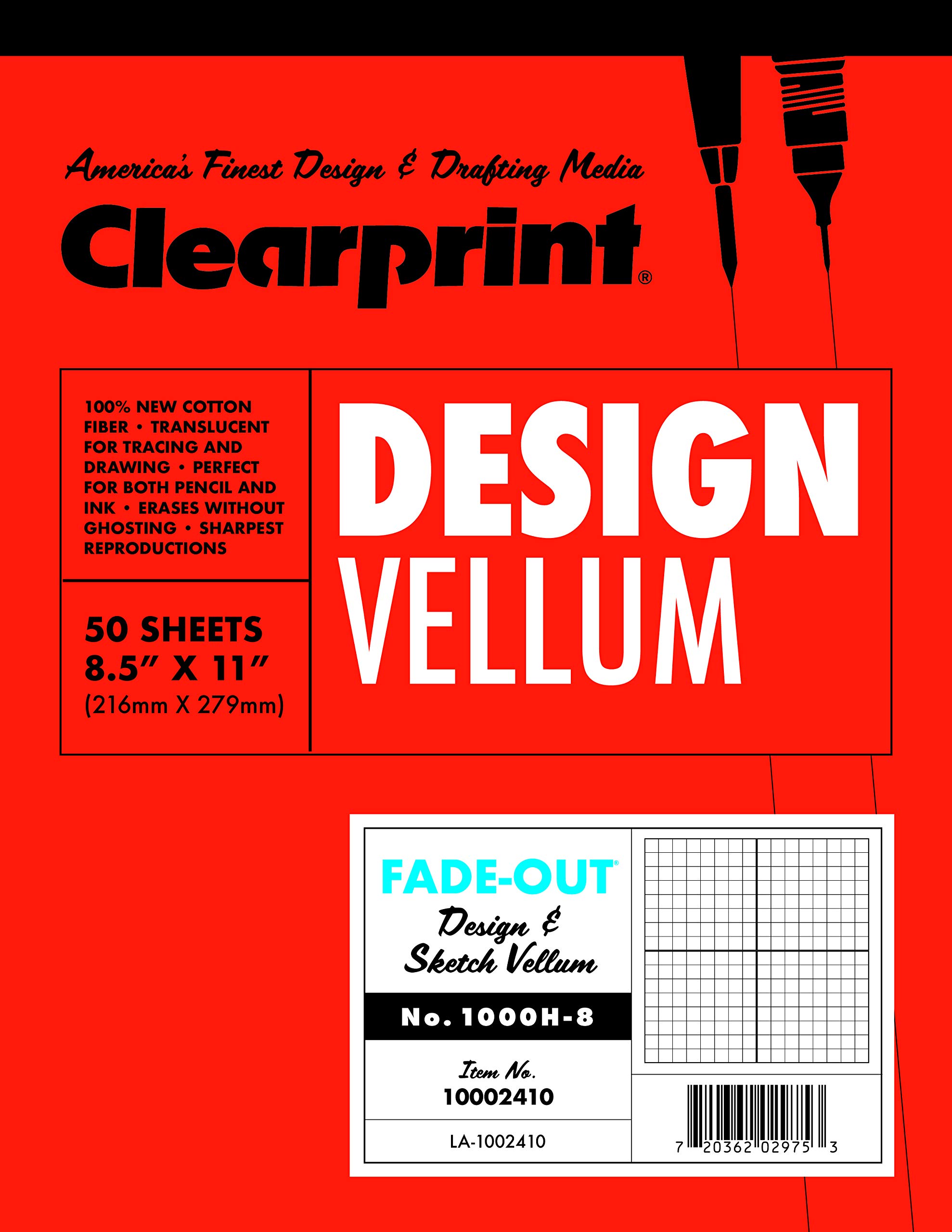Clearprint Design Vellum Pad with Printed Fade-Out 8x8 Grid, 16 lb, 100% Cotton, 8-1/2 x 11 Inches, 50 Sheets, Translucent White (10002410), 8.5x11 in