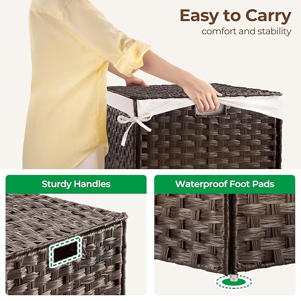 GREENSTELL STORAGE BASKET WITH LID, 42.3 GALLON(160L) LAGRE WICKER BLANKET STORAGE BASKET WITH HANDLES, FOLDABLE, 2 REMOVABLE LINER BAGS, METAL FRAME, FOR BEDROOM, LAUNDRY ROOM, BROWN, 30″*18.1″*18.1″