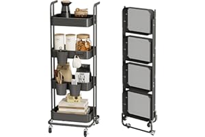Merapi 4 Tier Foldable Rolling Cart, Metal Utility Cart with Wheels, 3 Hanging Cups and 6 Hooks, Folding Trolley for Living Room, Kitchen, Bathroom, Bedroom and Office, Black