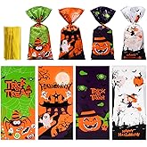Ninonly 200 Pcs Halloween Candy Bags, Bat Pumpkin Spider and Witch Halloween Cellophane Bags, Plastic Treat Bags with 200 Pcs