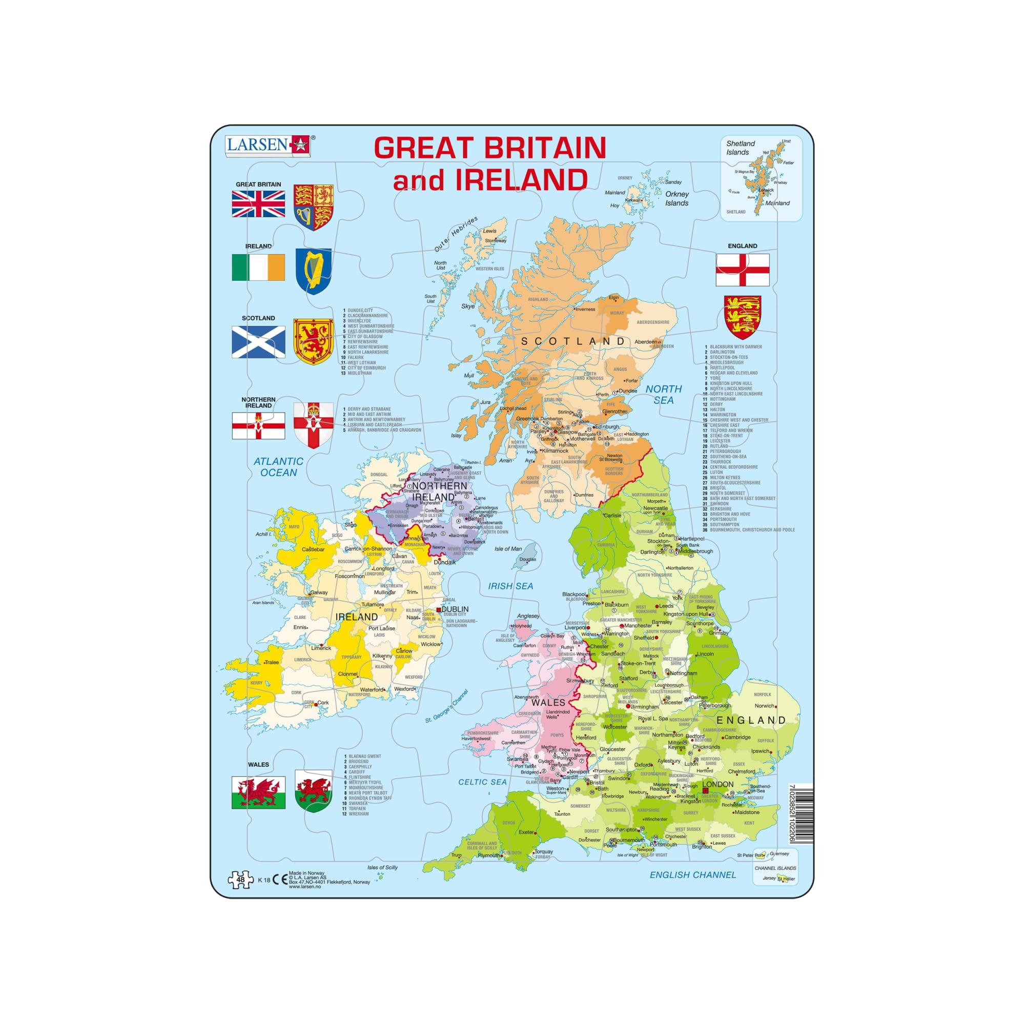 Larsen Puzzles K18 Great Britain & Ireland Political Map Jigsaw Puzzle 48 Pieces - Educational Map Puzzle for Kids & Adults - Boxless Tray & Frame Stocking Filler