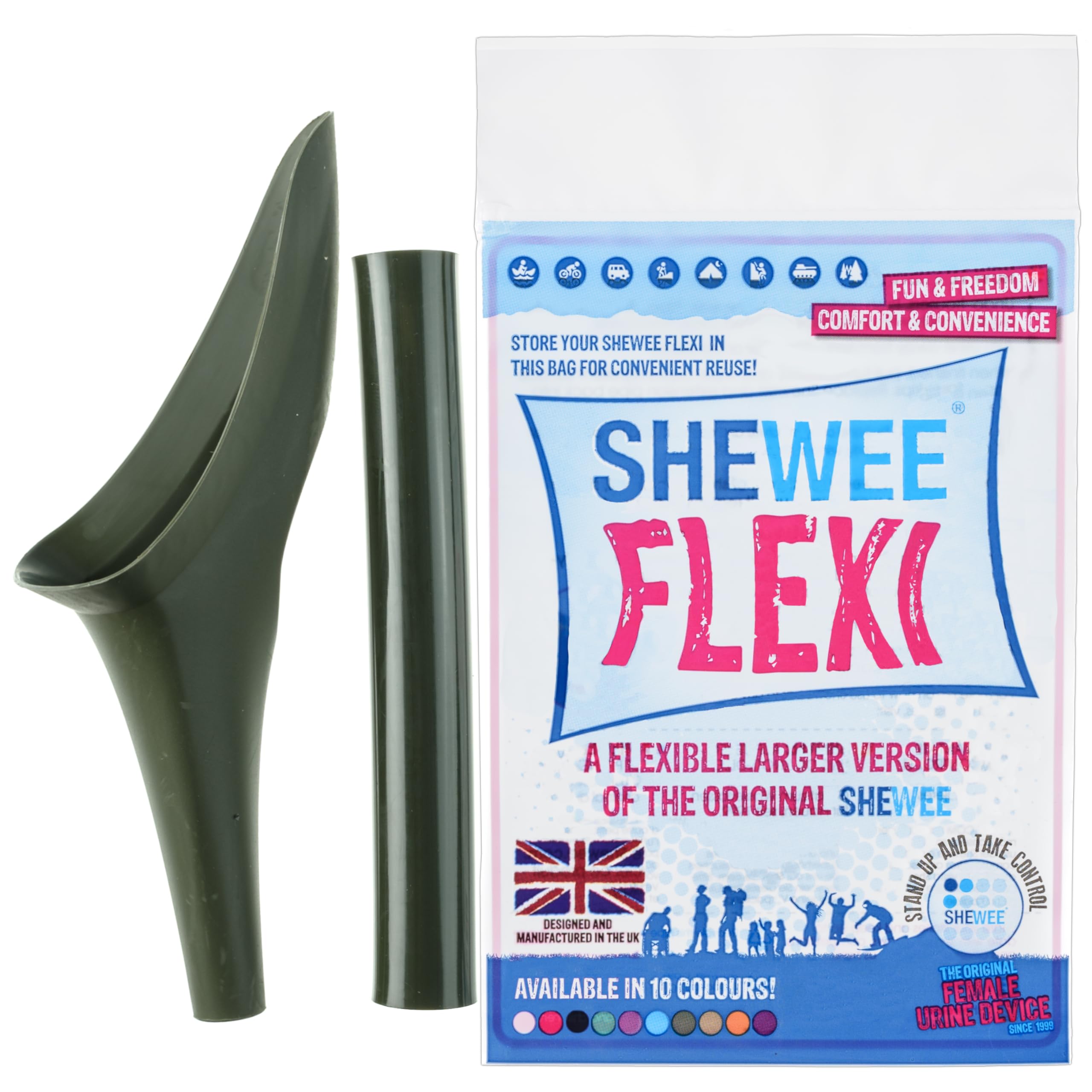 SHEWEE Flexi Female Urinal – Made in the UK – Flexible, Reusable & Portable Urination Device. Festival, Camping, Car, Hiking Essentials for Women. Stand to Pee Device W/Extension Pipe