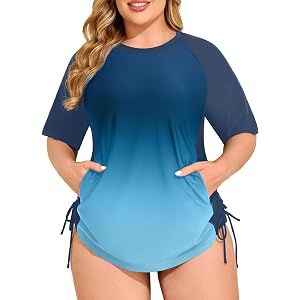 SOTHEA Plus Size Rash Guard for Women Short Sleeve Swim Shirt with Pockets | Upf 50+ Sun Protection,Quick-Drying,Swim Top wit