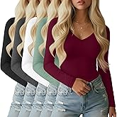 Sweetyweee 5 Pack Long Sleeve V Neck T Shirts for Women, Cotton Slim Fitted Shirt Casual Tight Basic Tee Tops for Layering
