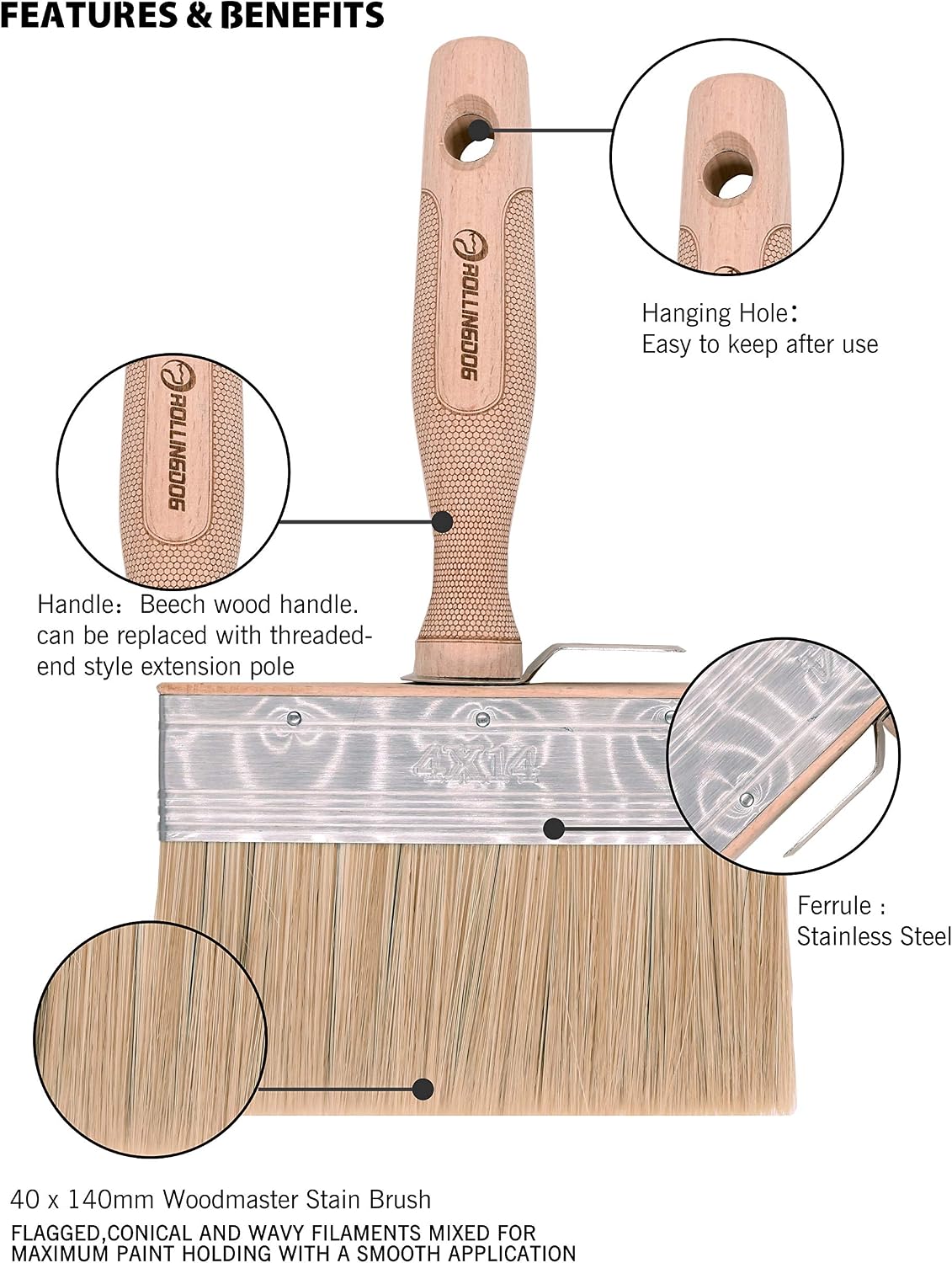 ROLLINGDOG Fence Paint Brush, 5.5" Decking Paint Brush with Long Handle for Wood Masonry Paint Brush, Limewash Brush - Image 3