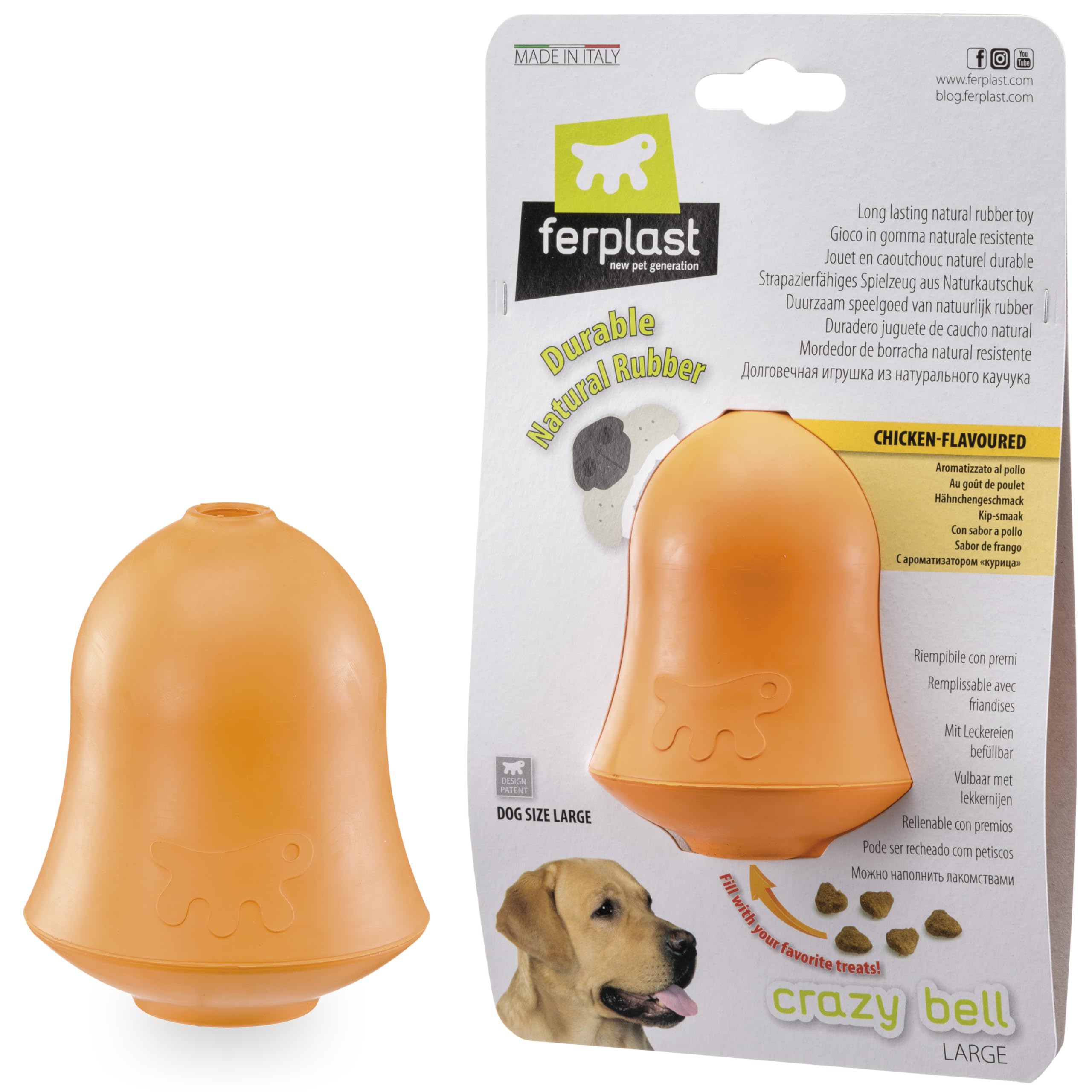 Ferplast CRAZY BELL Dog Toy - Refillable Dispenser for Extended Training - Chicken Flavored for Chewing - Irregular Bouncing - Ultra Durable Natural Rubber - for Large Dogs, Size L