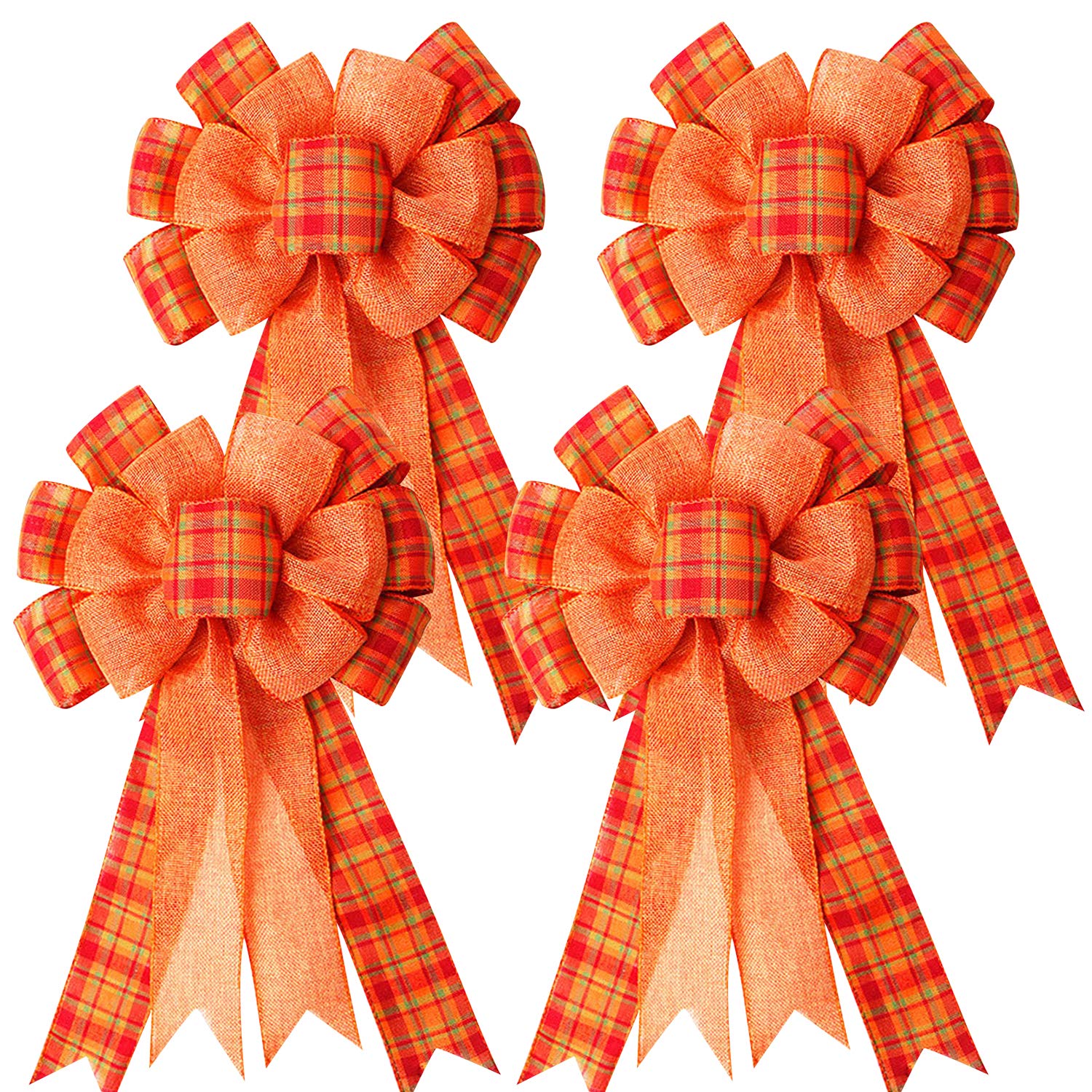 Photo 1 of 4Pcs Large Fall Thanksgiving Wreath Gift Bow -18.8x10.6inch Orange Buffalo Plaid Check Wreath Swag Bow Wreaths Pre-Tied Bows for Fall, Thanksgiving, Christmas, Home Indoor Outdoor Ornaments