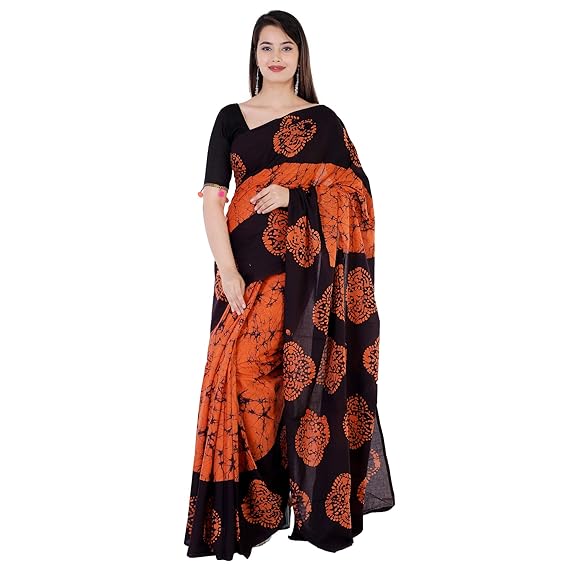 Pure Cotton Mal-Mal Printed Saree With Blouse Piece ORANGE AND BLACK BIG FLOWER BUTA PALALU BORDER MOM BATIK NETURAL HAND BLOCK PRINT (Cotton malmal, ORANGE BUTA)