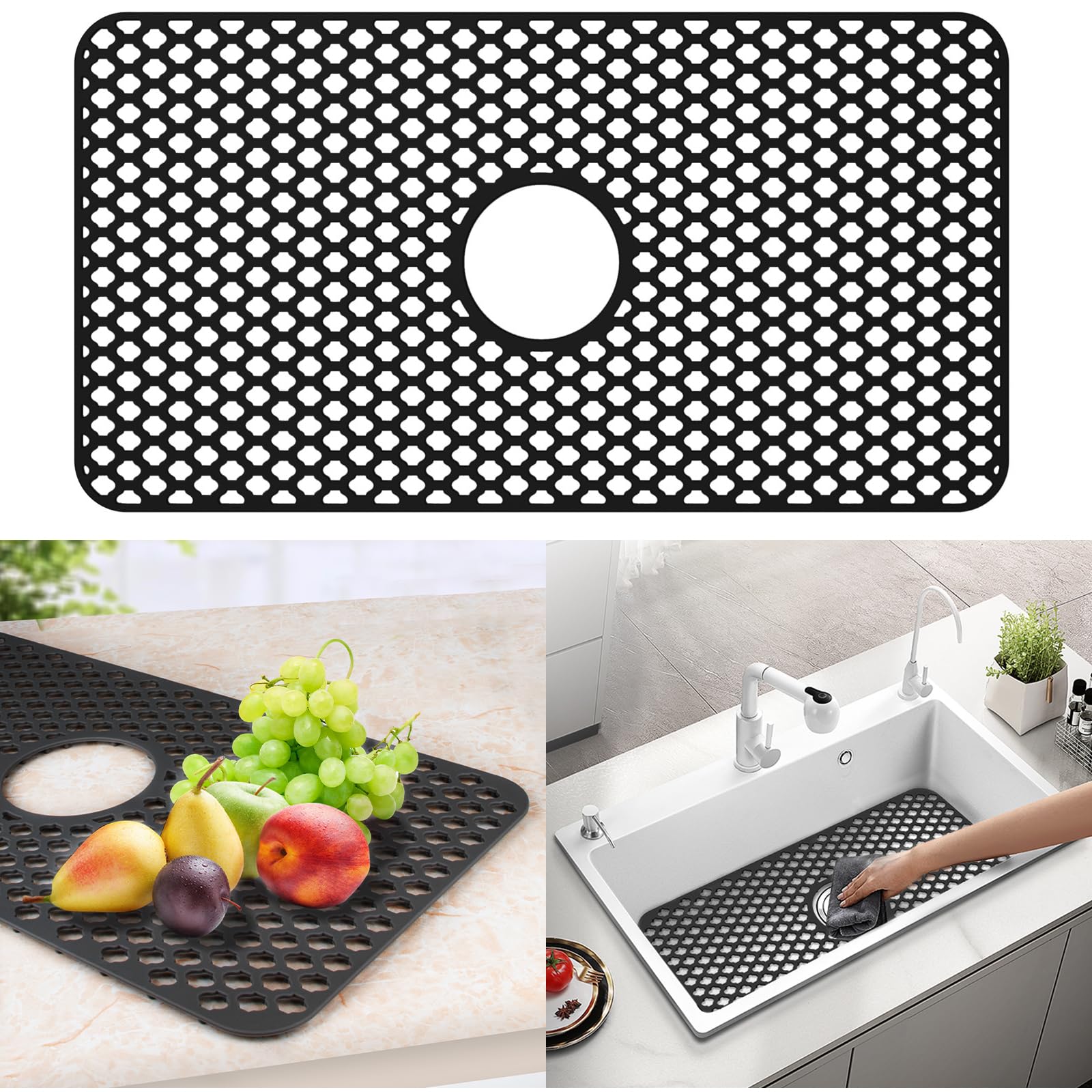 Photo 1 of 28.3"x 15.2" Kitchen Sink Mats,Heat Resistant Silicone Sink Protector Mat for Bottom of Stainless Steel Porcelain (Middle Hole)