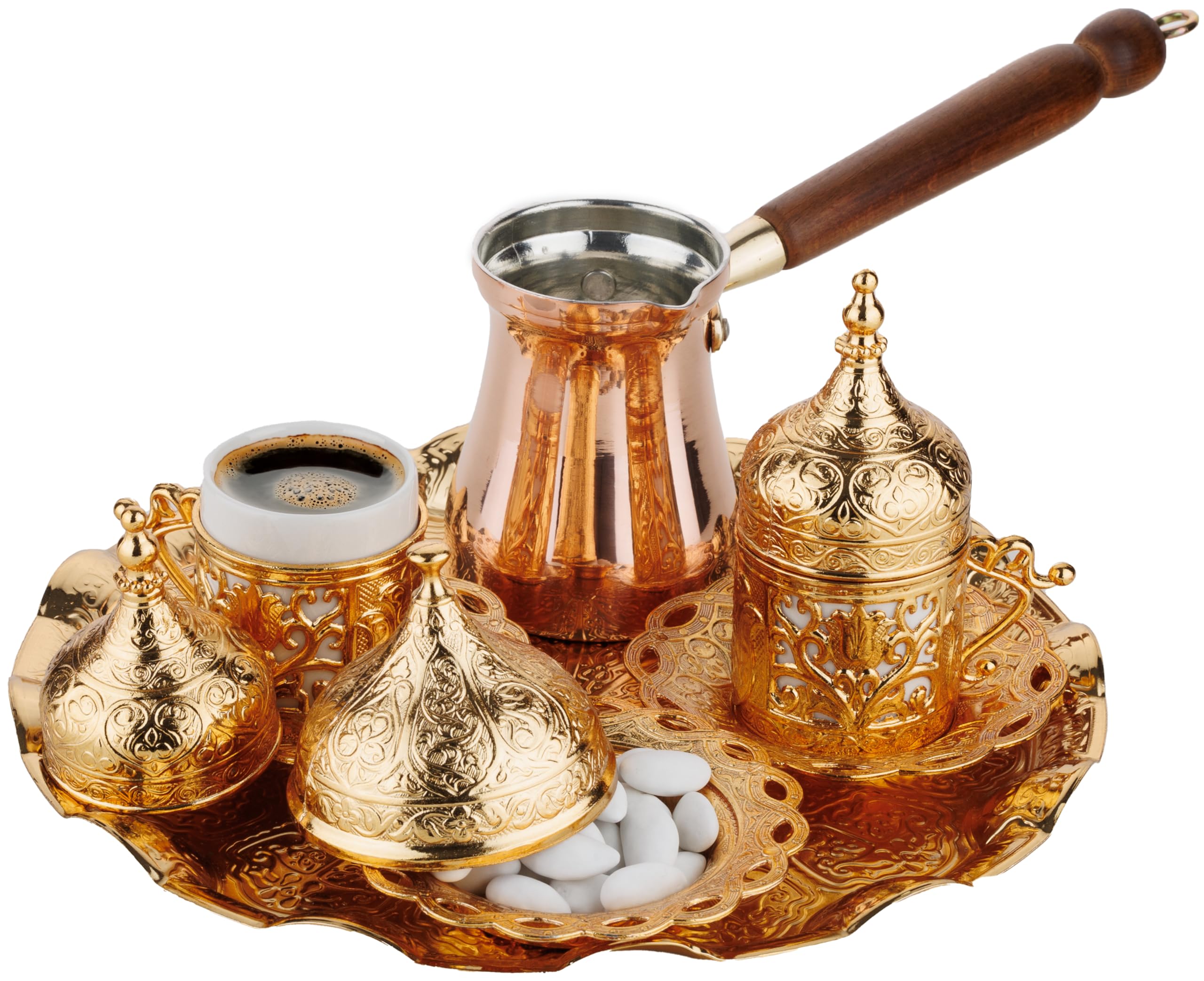 Photo 1 of DEMMEX Turkish Greek Arabic Coffee Making and Serving Full Set with Cups Saucers Lids Sugar Bowl Tray and Copper Coffee Pot, 12 Pcs (Gold)