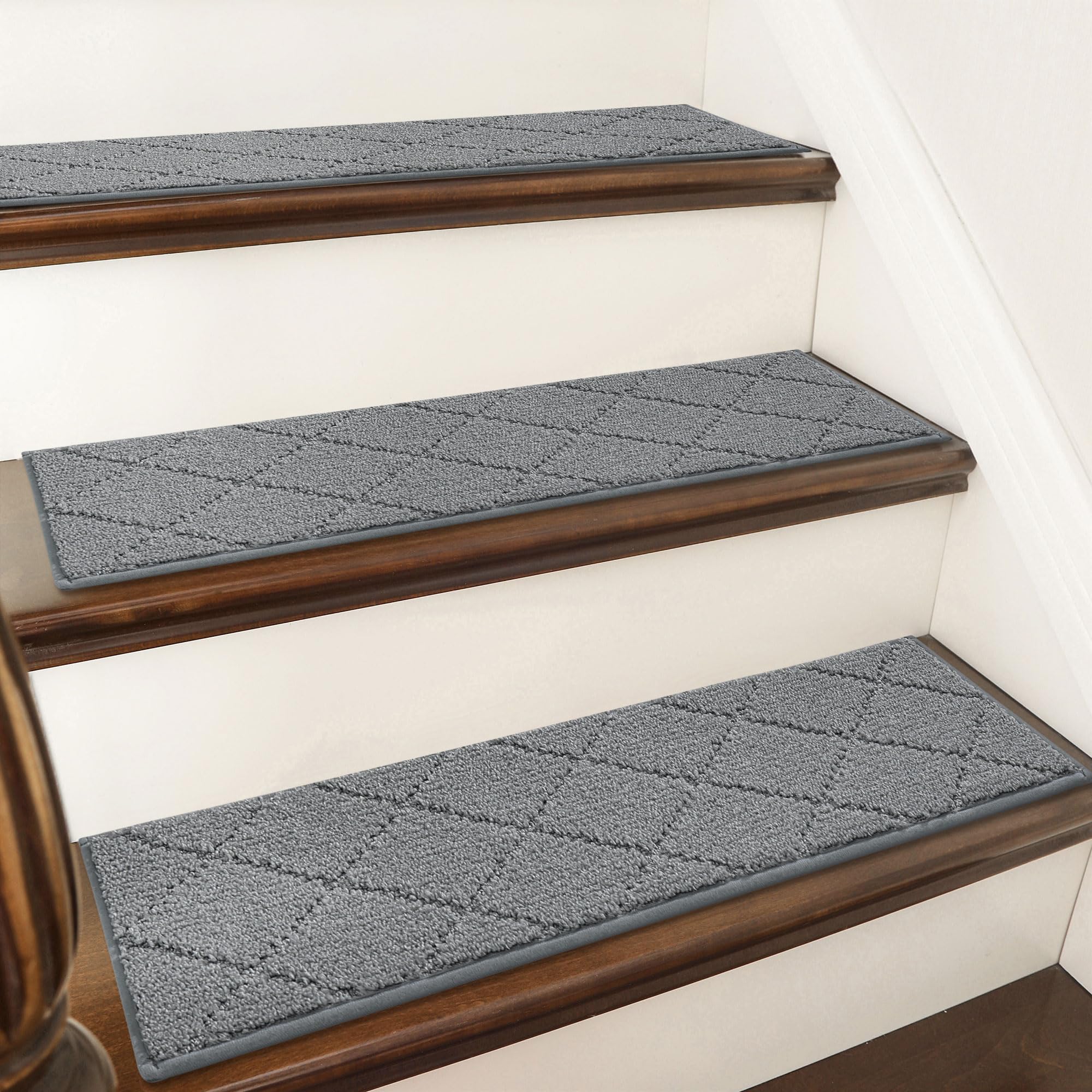 Photo 1 of COSY HOMEER Stair Treads for Wooden Steps 9"x28" Washable Indoor Carpet Stair Treads Non Slip Soft Polyester Stair Carpet Tread Reusable Stair Runner Rugs for Kids, Elders,Pets,Medium Grey,15pcs