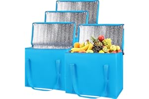4-Pack Insulated Reusable Grocery Shopping Bag, X-Large Frozen Food Cold, Bodaon Cooler Bags with Zippered Top, Insulated Food Delivery Bag, Blue
