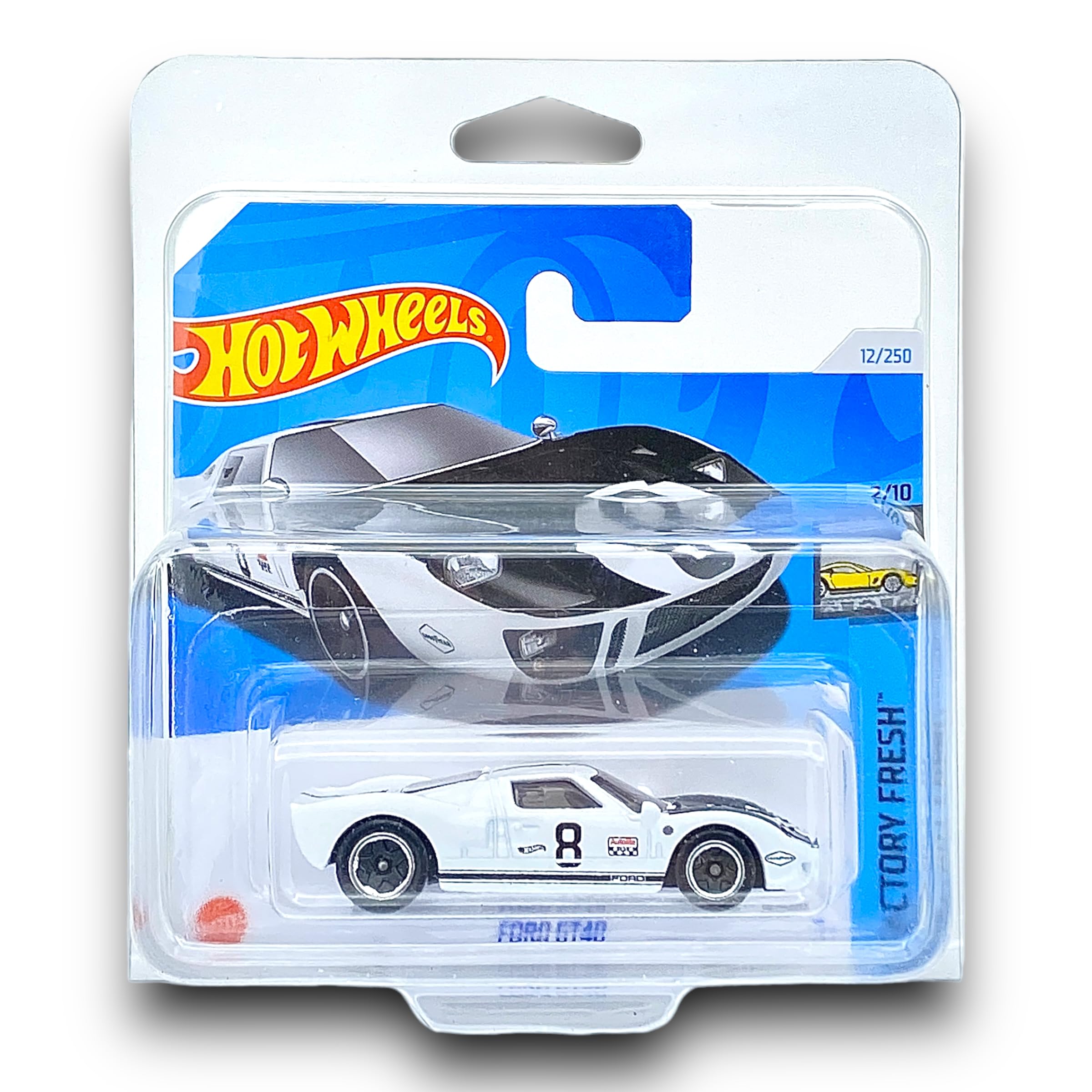 Hot Wheels Ford GT40 (Whie & Black) 2/10 Factory Fresh - 2024-12/250 (Short Card) - COMES IN A KLAS CAR KEEPER SHORT CARD PROTECTOR CASE - HTC51