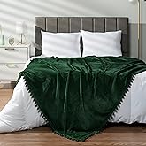 PAVILIA Fleece Throw Blanket for Couch with Pom Pom Fringe, Emerald Green, Soft Cozy Fuzzy Flannel Blanket for Sofa Bed, Large Lightweight Plush All Season Throw, 60x80 Inches