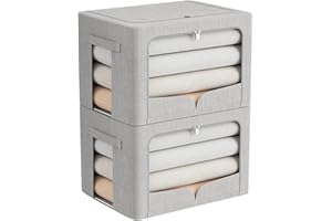 FHSQX 2 Pack Clear Window Storage Bins - Stackable Linen Fabric Storage for Clothes - Foldable Box Organizer Set with Carrying Handles-36L(Light Gray, 15.7X 11.8X 11.8 Inch)