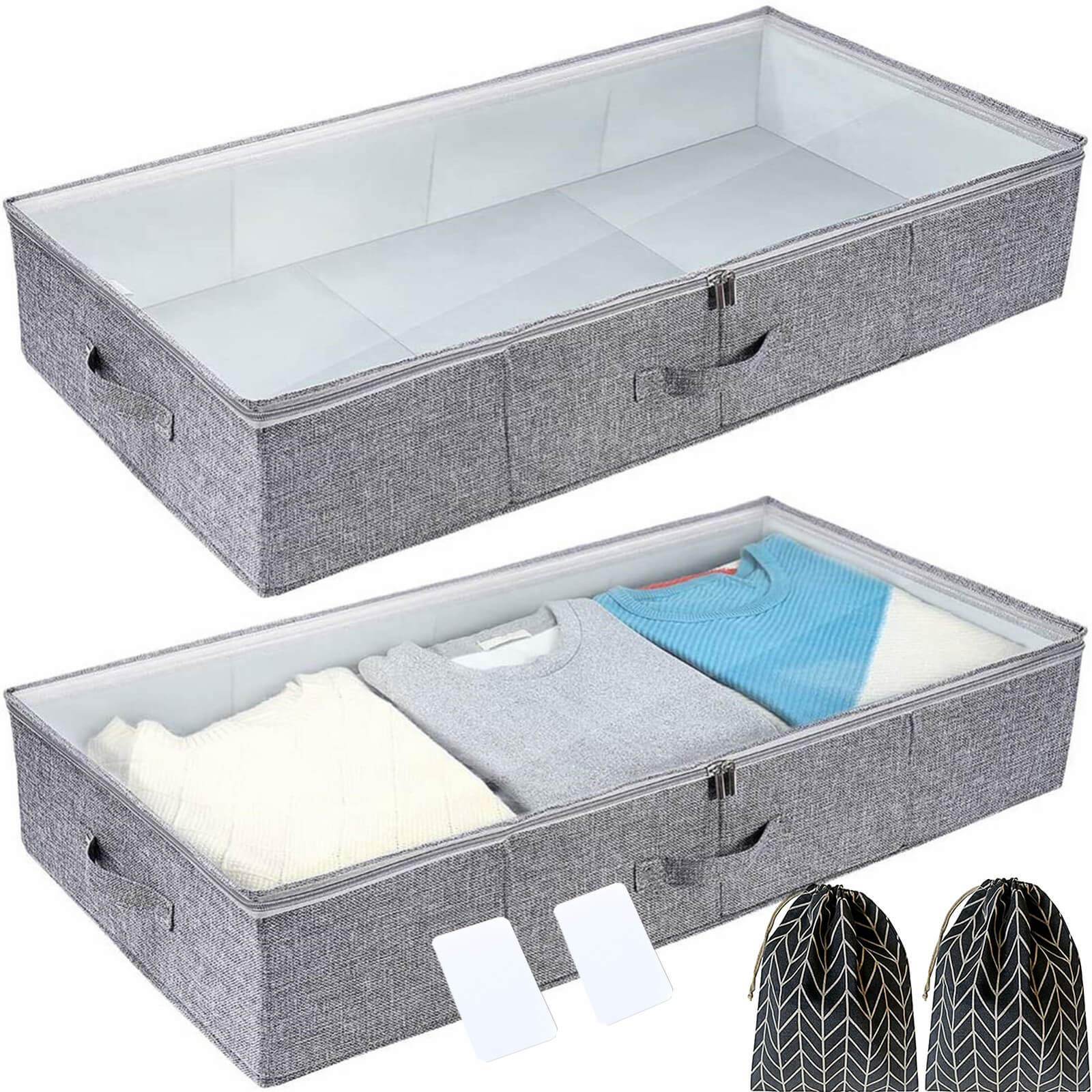 Gorgero Under bed Storage Container, Set of 2 Large Breathable Woven Underbed Storage Containers with Plastic Board, Stackable under bed Clothes Organizer Storage Box for Comforters, Blanket,Bedding