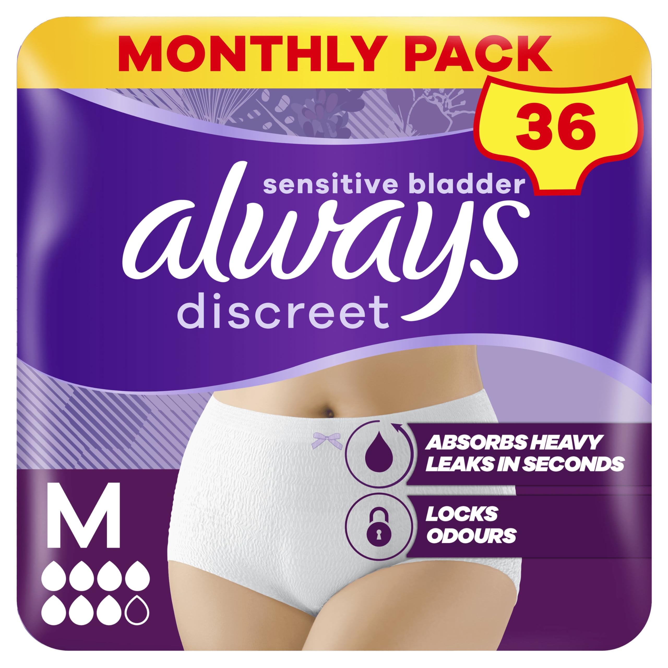 Always Discreet Incontinence Pants Women, Medium, UK Size 10-16, White, Absorbency 6, 36 Underwear , Knickers (9 x 4 Packs), Heavy Bladder Leak Protection , Maternity Pants After Birth