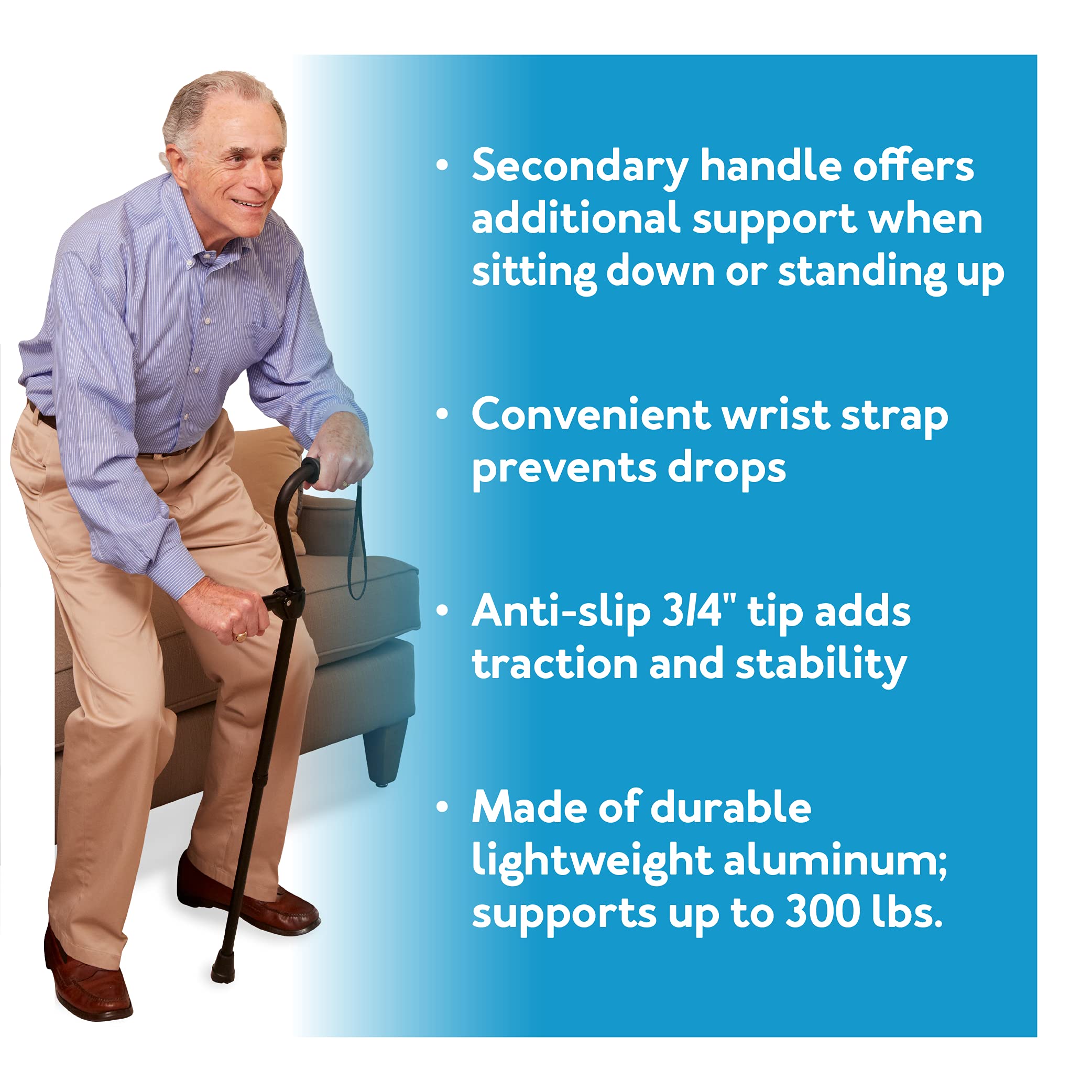 Carex Stand Assist Walking Cane - Includes Secondary Flip Down Handle for Added Support - Uplift Cane and Walking Stick for Seniors, Elderly, Disabled