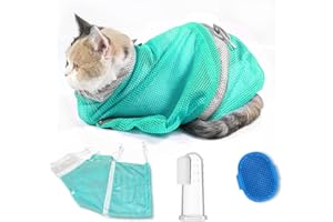 MSMUOEZ Adjustable Multifunctional Anti-Bite Shower net Bag，Cat Grooming Mesh Bag, Cat Bathing Bag，Cat Bath Brush and Pet Finger Toothbrush (B-Green)