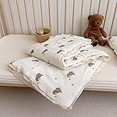 BuLuTu 100% Muslin Toddler Quilt Thin Crib Comforter Girls Boys Quilted Blankets, 47"x59", 1.5 Pounds, Soft Breathable Muslin Cotton Quilts, Bee Bear Pattern, Machine Washable