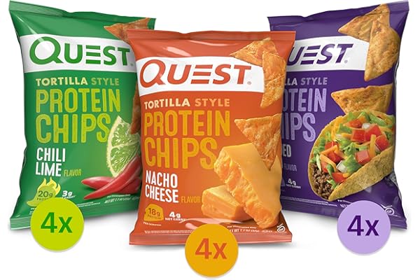 Quest Nutrition Tortilla Style Protein Chips Variety Pack, Chili Lime, Nacho Cheese, Loaded Taco, Low Carb, High Protein, Gluten Free, 1.1 oz (Pack of 12)