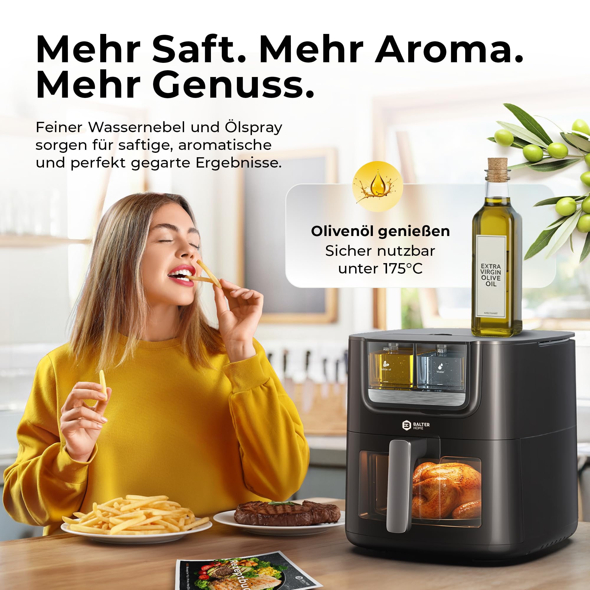 Balter Heißluftfritteuse Airfryer mit Öl- & Wasser-Spray Funktion für extra knusprige Speisen, 7,2L XXL, Heissluftfriteuse mit Sichtfenster, 10 Programme, Air Fryer, inkl. 100 Rezepte, HL-710 5