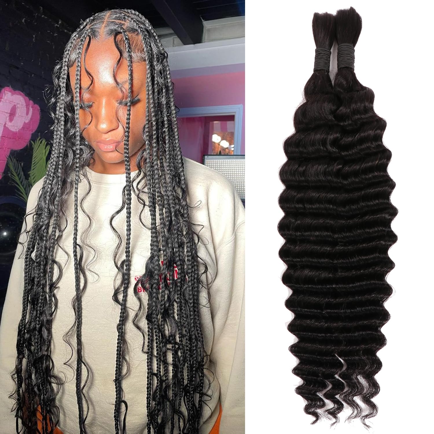 Deep Wave Human Braiding Hair 24 Inch Micro Braiding Hair Human Hair Bulk Human Hair for Braiding No Weft Boho Braids For Women (1B#, 24Inch 100g(50gx2Bundles)) — image 1