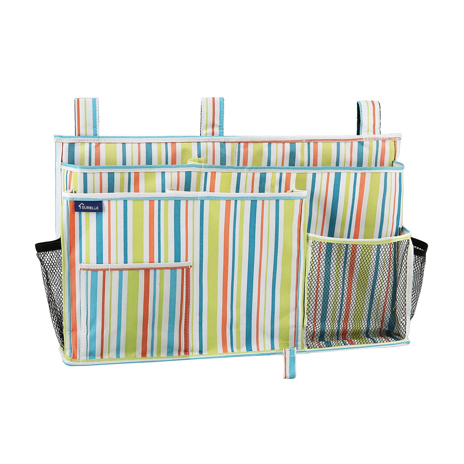 Surblue Bedside Caddy Hanging Bed Organizer Storage Bag Pocket for Bunk and Hospital Beds, College Dorm Rooms Baby Bed Rails, Camp 8 Pockets, (Large, Green Stripe)