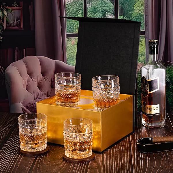 HYGLAZELLE WHISKEY GLASSES SET OF 4 WITH LUXURY BOX, 10OZ OLD FASHIONED WHISKEY GLASSES GIFT FOR COCKTAILS RUM COGNAC BOURBON LIQUOR ROCKS GLASSES MEN GIFT(MIXED)