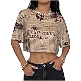 WDIRARA Women's Newspaper Print T Shirts Letter Graphic Crew Neck Short Sleeve Tee Crop Tops Streetwear