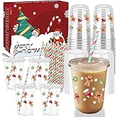 Xuelimei 16oz Christmas Disposable Plastic Cups with Lids and Straws-Gingerbread Man Drinking Cups for Party Supplies Cold Drinks, Coffee, Beer, Drinks, Ice Cream, Holiday Party Supplies. (50)