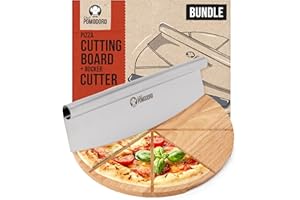 Chef Pomodoro 14" Pizza Cutter Rocker Blade and Pizza Cutting Board Set – Premium Stainless Steel Pizza Slicer with Wooden Pi