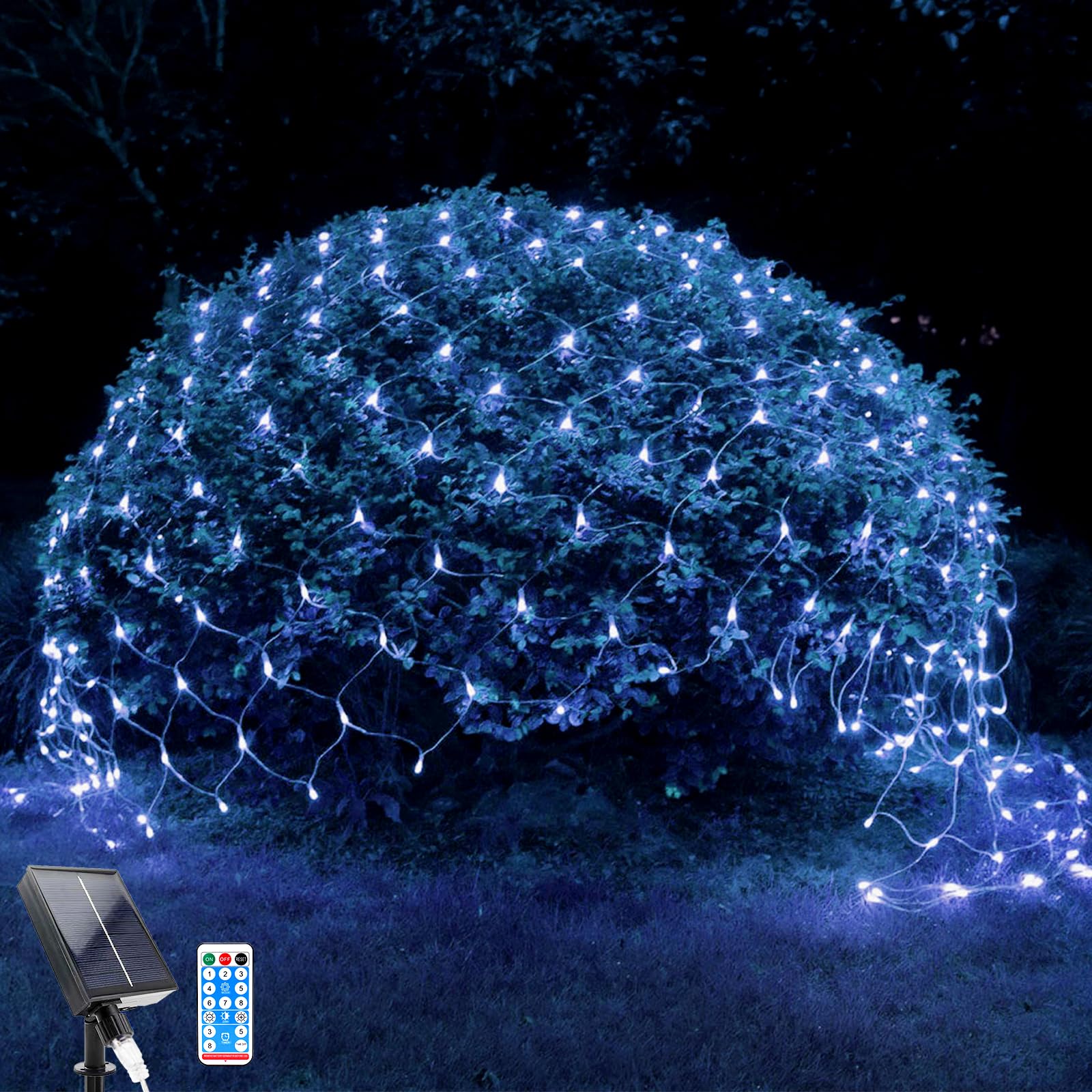 WoskjXas Solar LED Net Lights, 198 LED Mesh Fairy Lights, 8 Modes, 6.6 Ft x 9.8 Ft Garden Net Curtain Light, Remote Control, Waterproof - Ideal for Balcony Fence Christmas Decor (2M*3M, Blue)