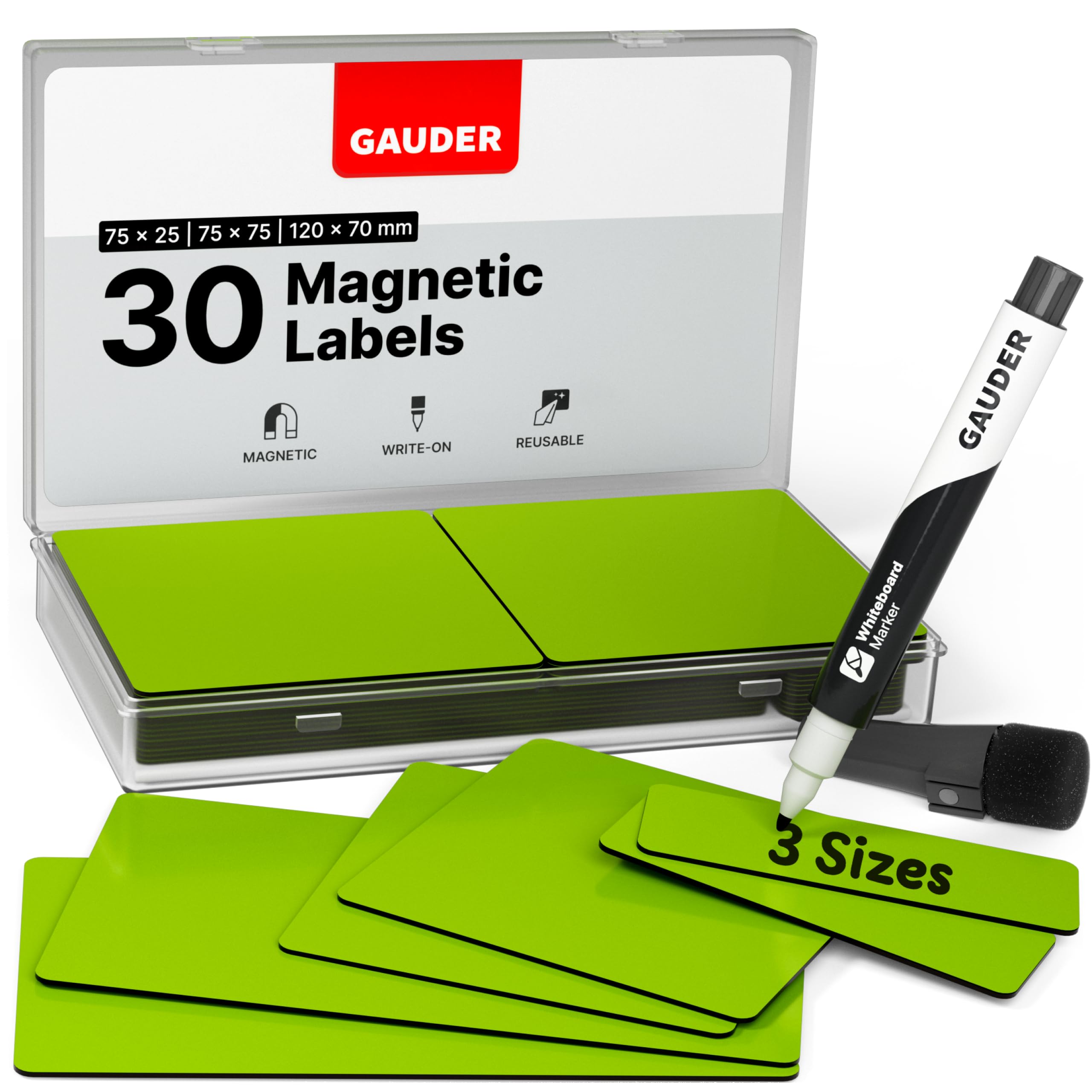 GAUDER Magnetic Labels Writable - Reusable Magnetic Tags for Whiteboard, Blackboard, Kanban Board and Fridge - Magnet Cards with Marker (30 Pieces - 3 Sizes)