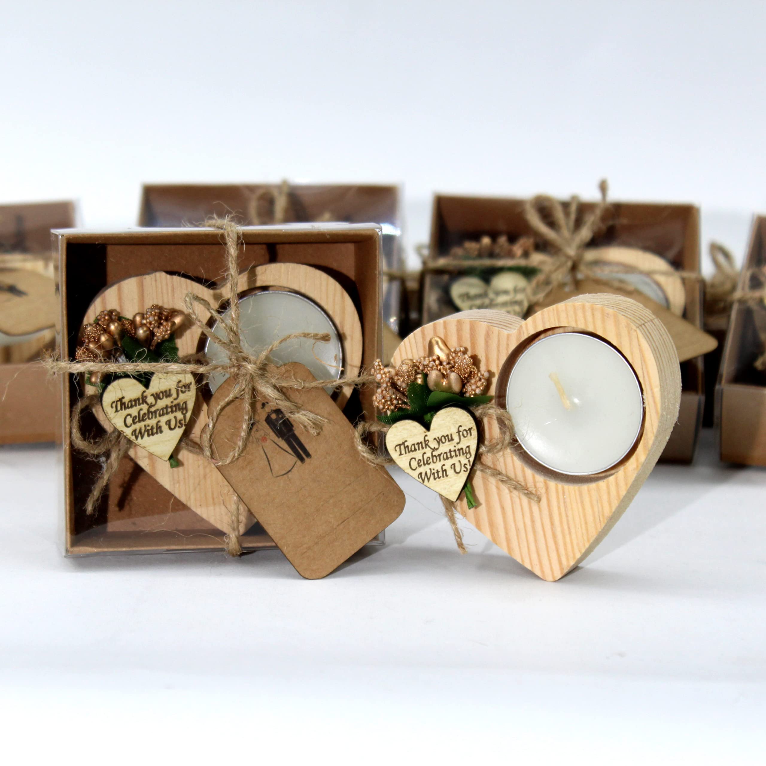 Photo 1 of 20 Pcs Shawly Sisters Handmade Wooden Wedding Party Favors Candle and Tealight Holders, Heart Shaped Wood Candleholders, Engagement Gifts, Bridal Shower Favors for Guests (Gold, Natural Wood)