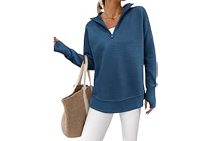 PRETTYGARDEN Womens Long Sleeve Quarter Zip Pullover Sweater Casual Loose V Neck Collared Ribbed Knit Jumper Tops Thumb Hole
